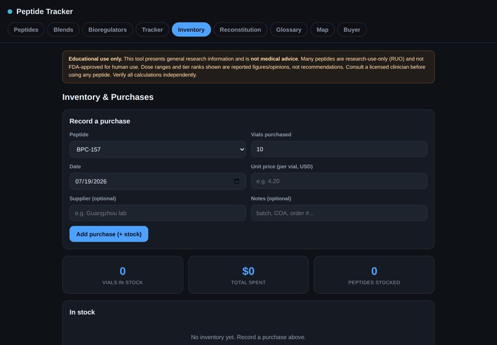 The inventory and purchase tracking screen